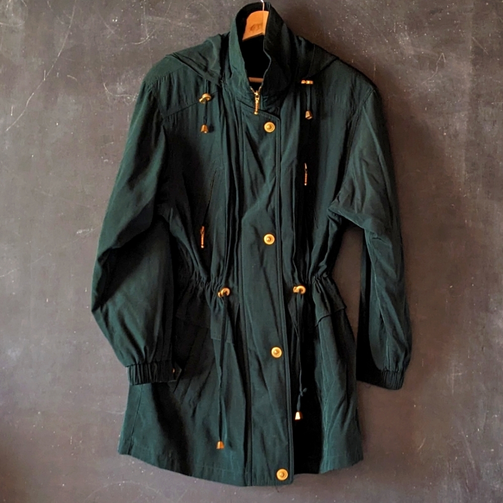 Gallery Green Jacket Hood Cinch Waist Gold Button Accents Sz M